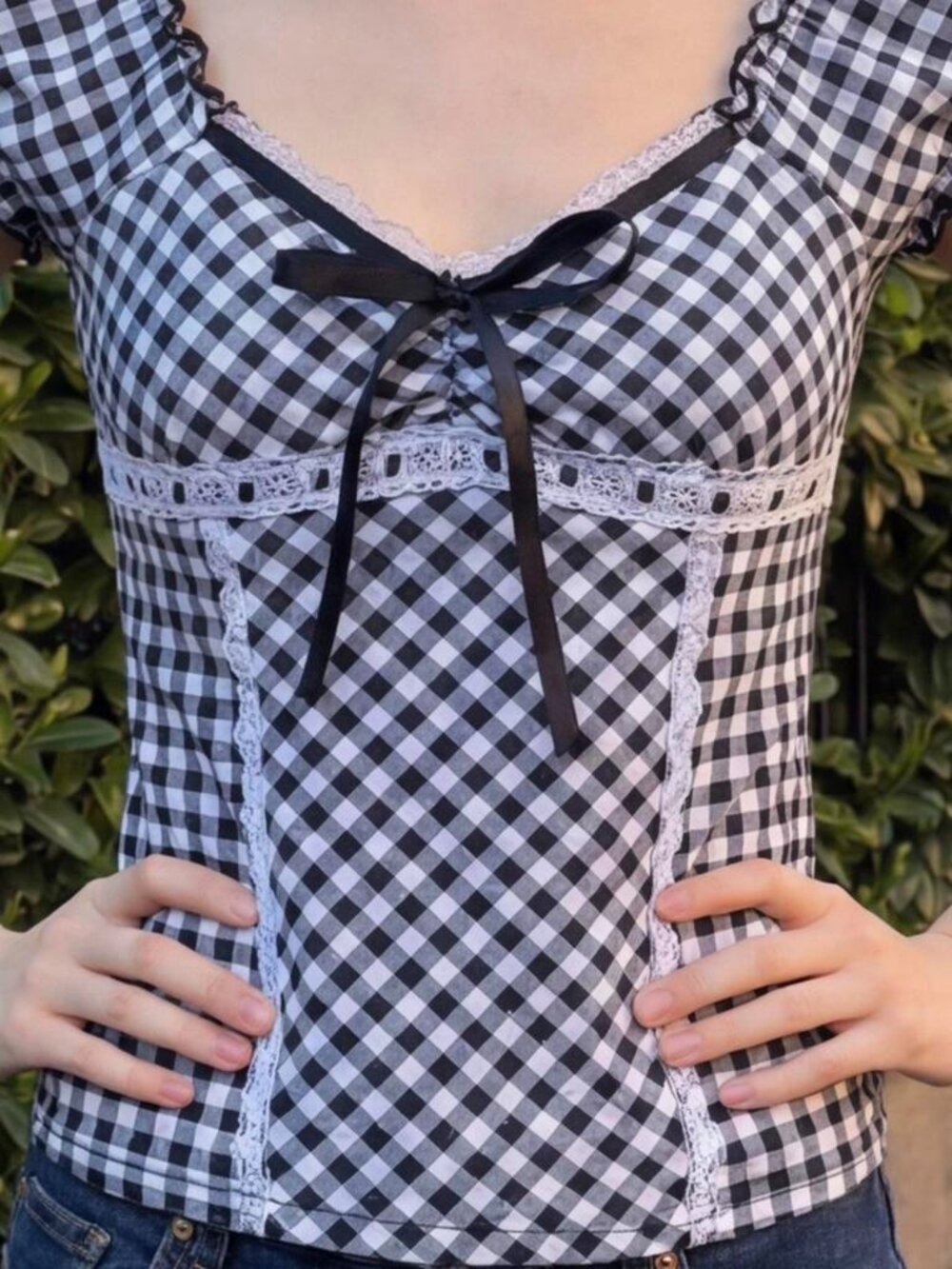 Black & White Gingham Lace Trim Top | Coquette Bow Detail Blouse